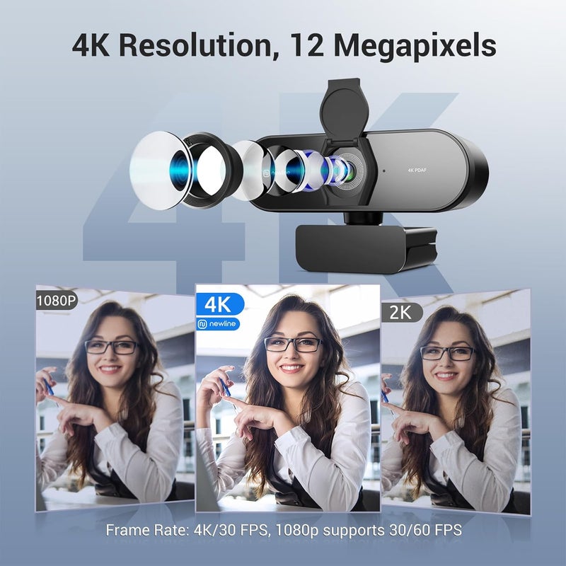 NewLine 4K Webcam for PC, PDAF/CDAF Autofocus, 1080P@60FPS, 79° FOV, Auto Light Correction, 2 Noise Reduction Mics, Privacy Cover, USB-A, Streaming Camera for Skype, Teams, Online Meeting, NewEye 62 - Image 2